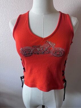 2000s Vintage Biker Design Orange Motorcycle Crop Tank Top Medium